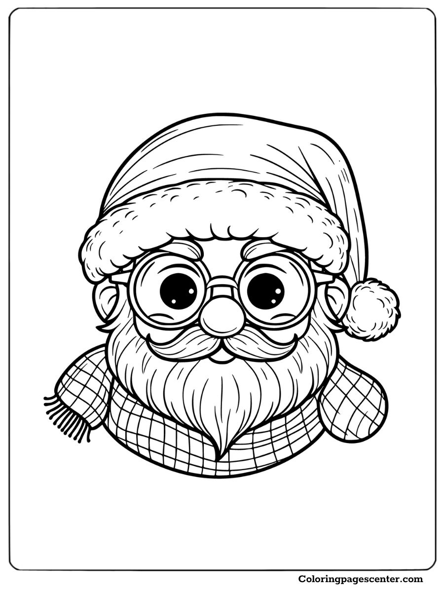 Santa face coloring page featuring glasses and a warm scarf