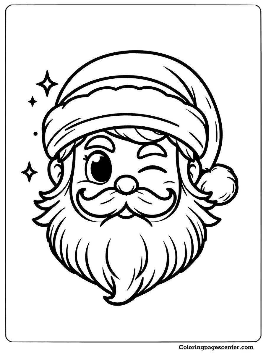 Santa face coloring page with a playful wink and holiday stars