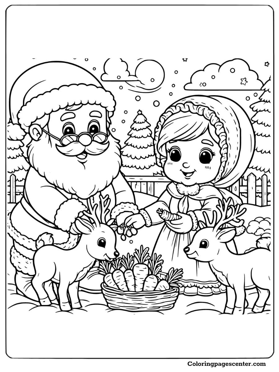 Santa and Mrs. Claus feeding reindeer in winter coloring page