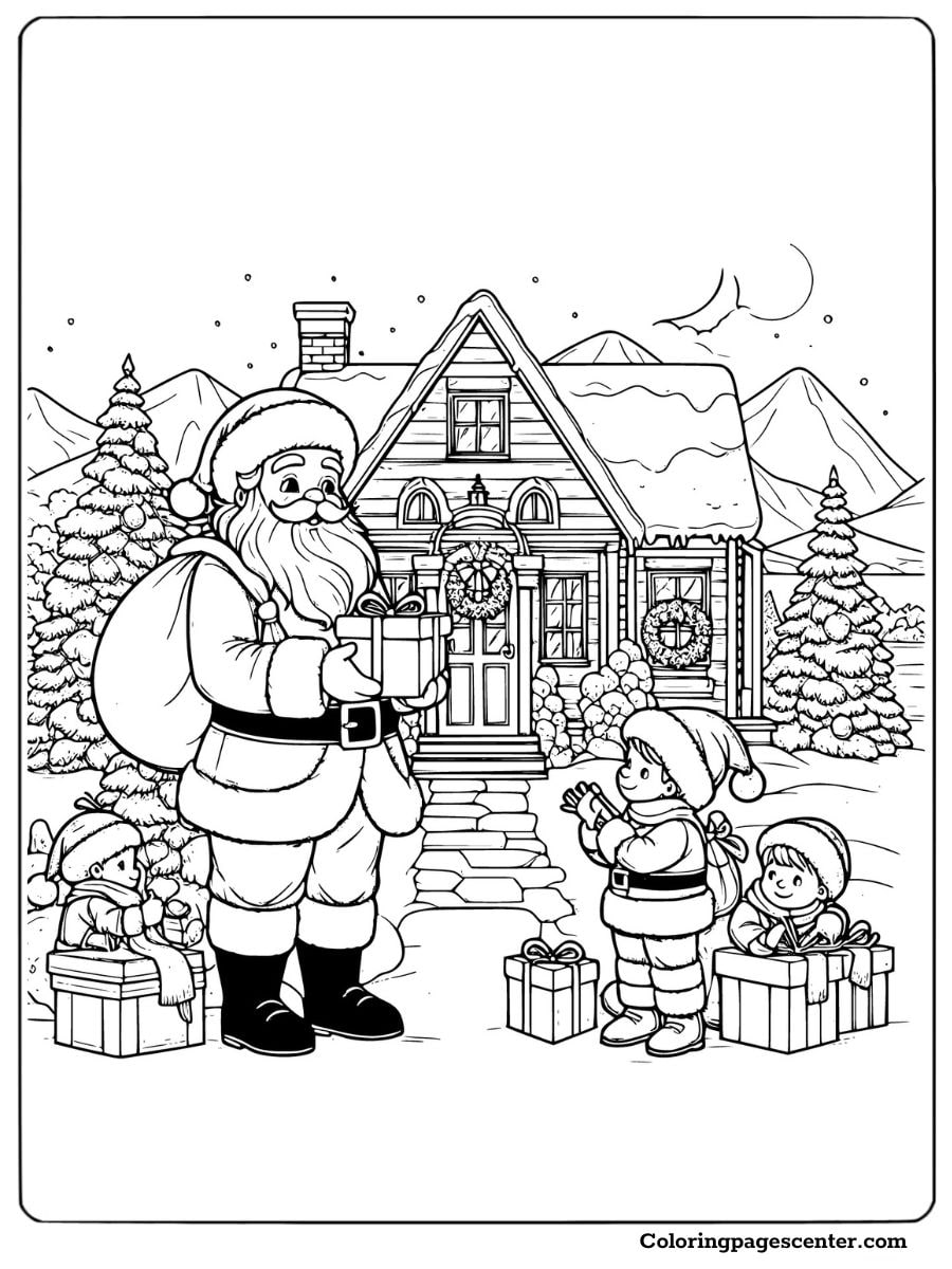 Santa handing out presents in a Christmas coloring page