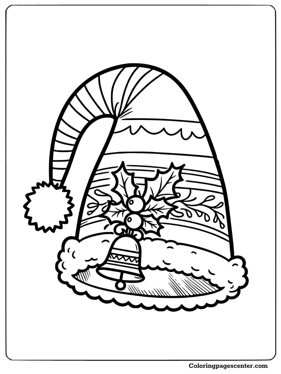 Coloring page featuring a festive hat with holly and bell