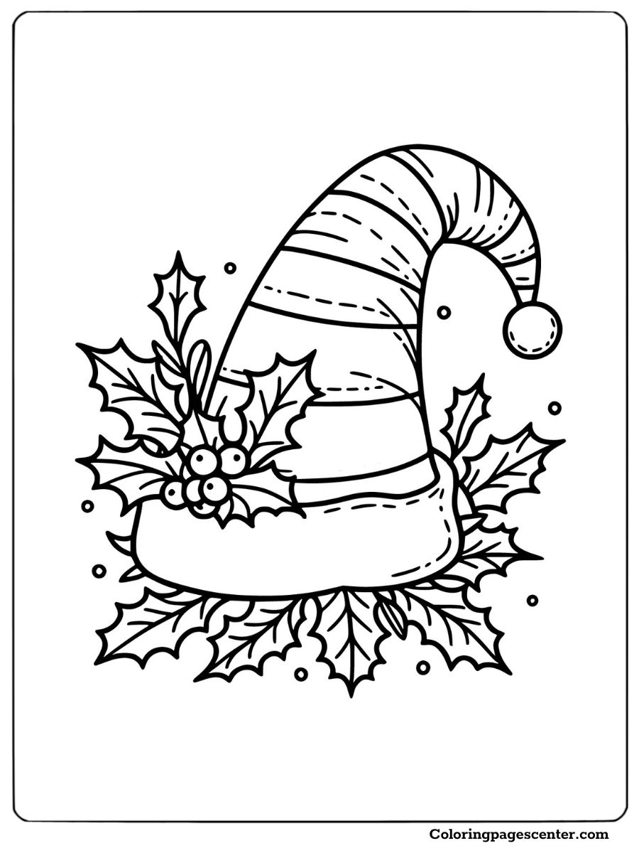 Festive holly-decorated Christmas hat coloring sheet