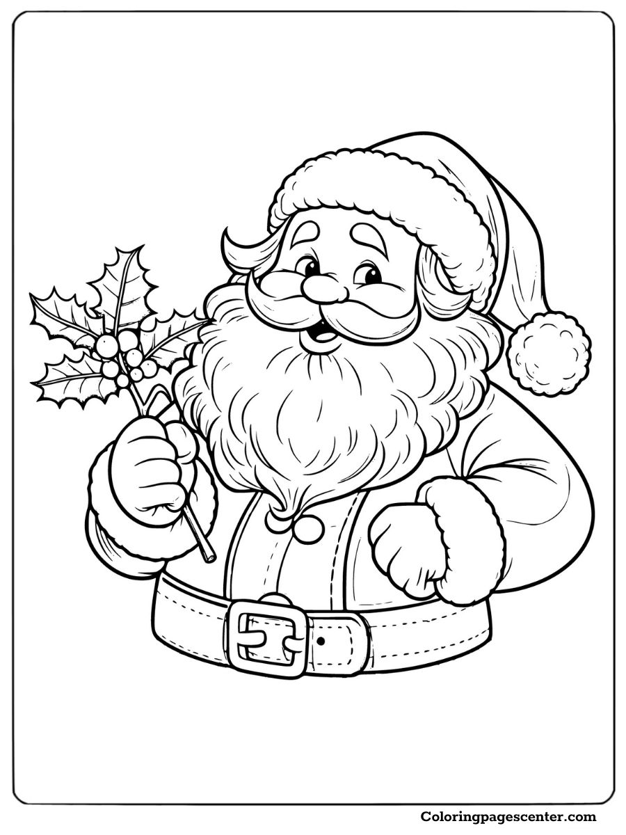 Santa smiling with a holly branch coloring page