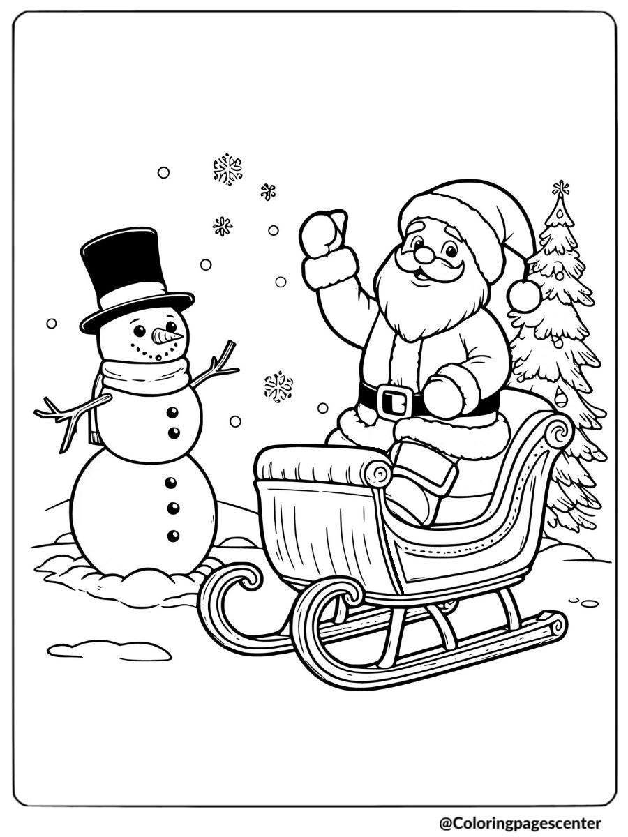 Santa and snowman scene with sleigh coloring page