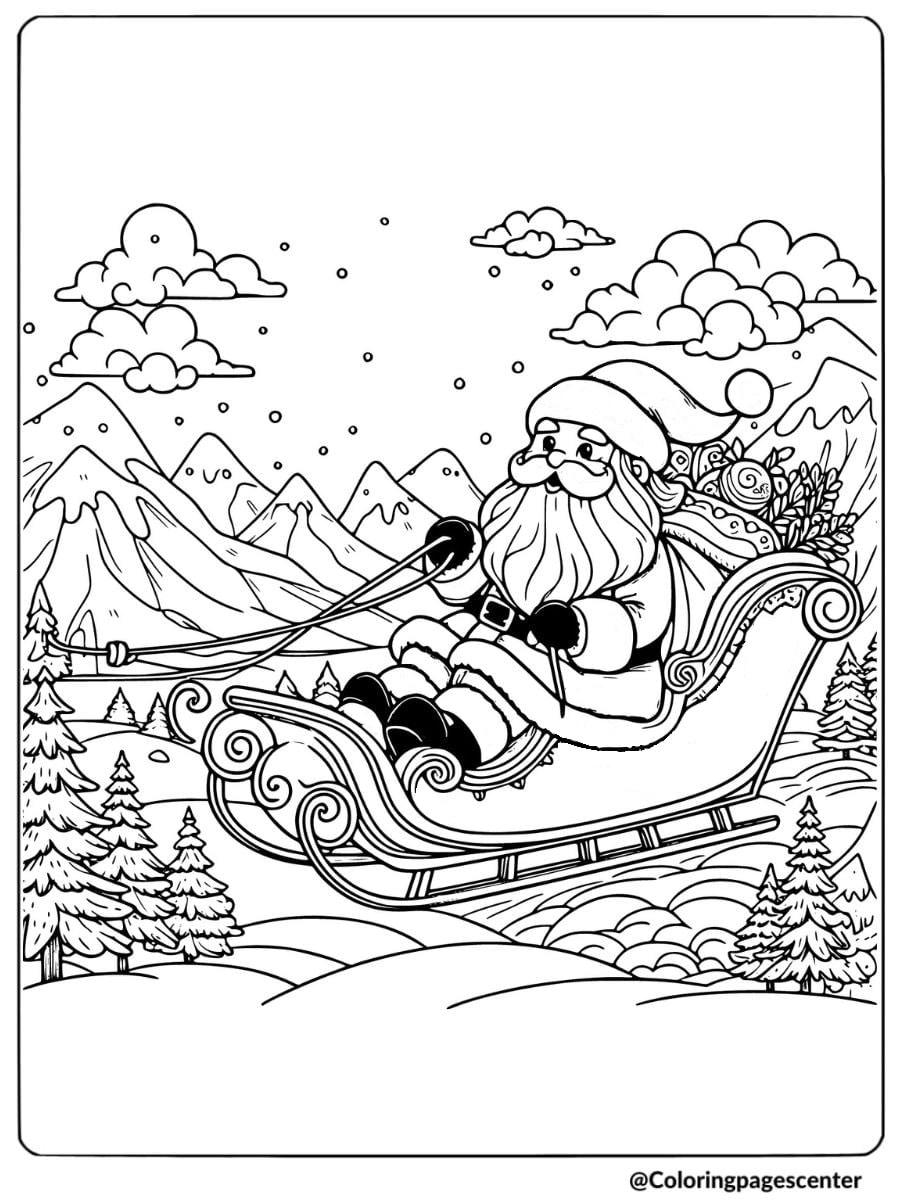 Santa sleigh flying high in mountain landscape coloring page