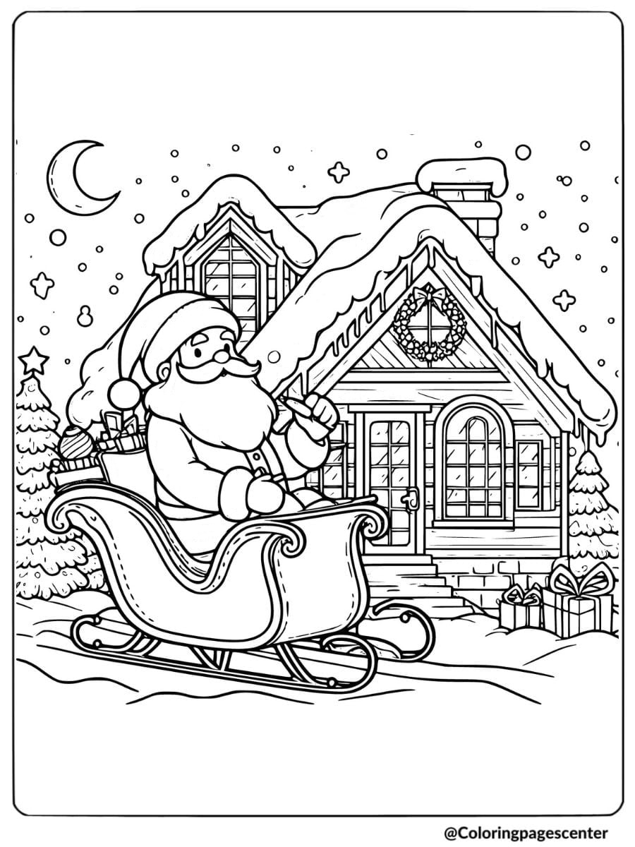 Santa outside house with sleigh full of gifts coloring page