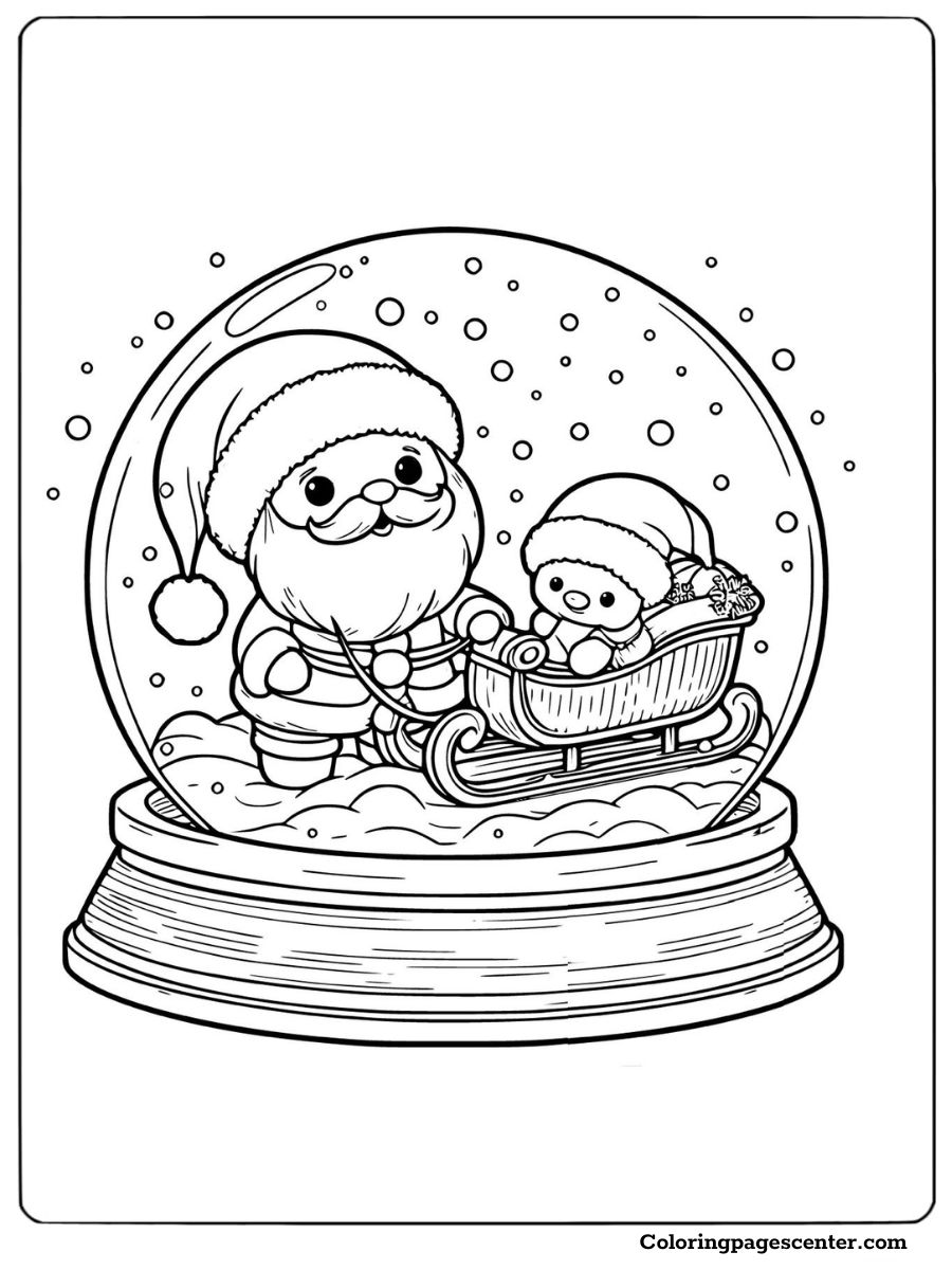 Snow globe featuring Santa and sleigh coloring page