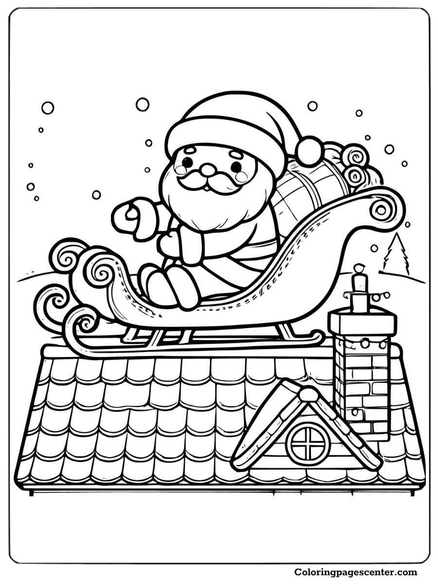 Santa on sleigh delivering gifts to rooftop coloring page