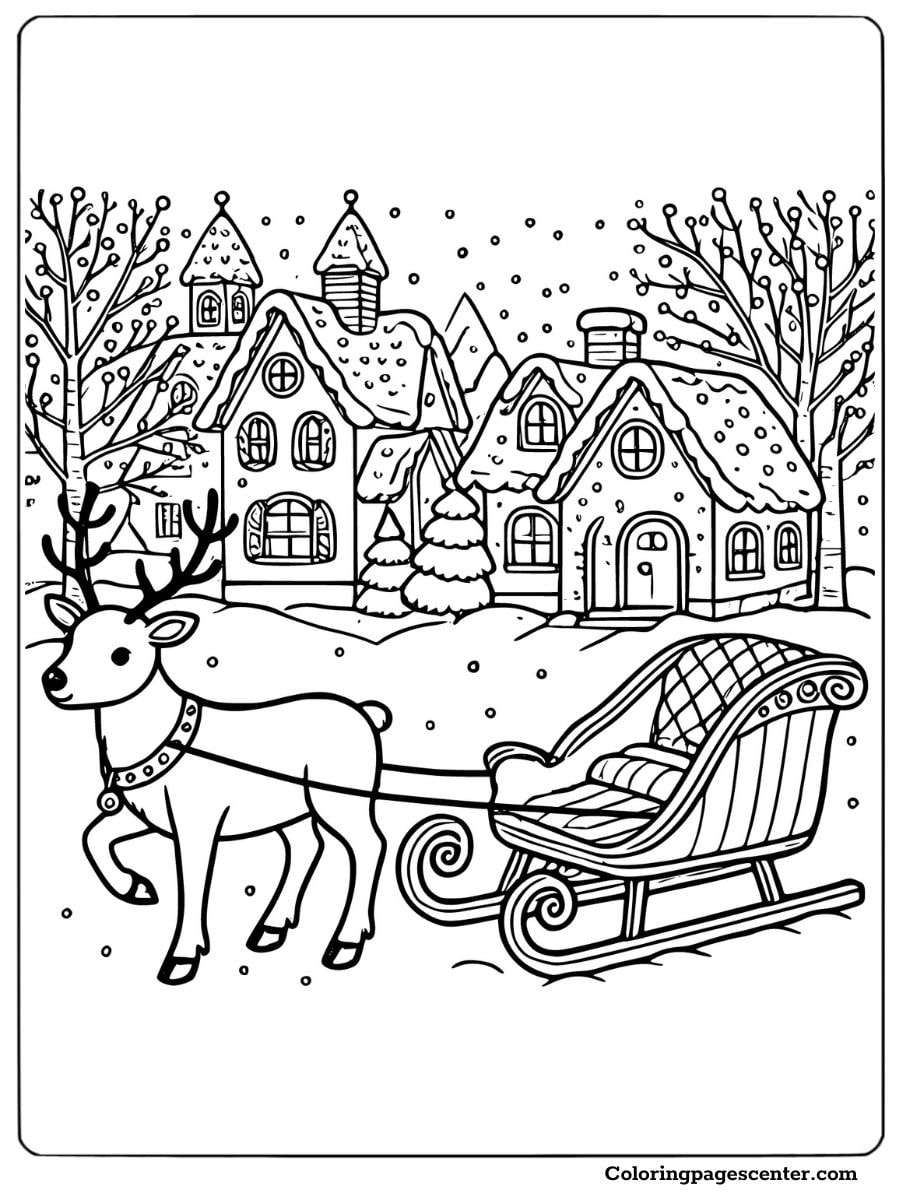 Santa sleigh near village under snowfall coloring page