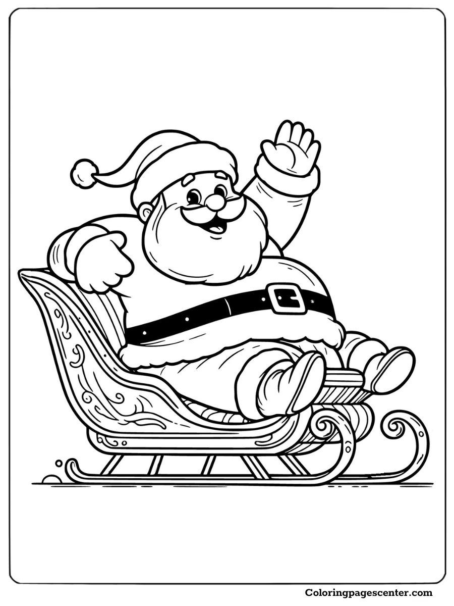 Santa happily waving from his sleigh coloring page