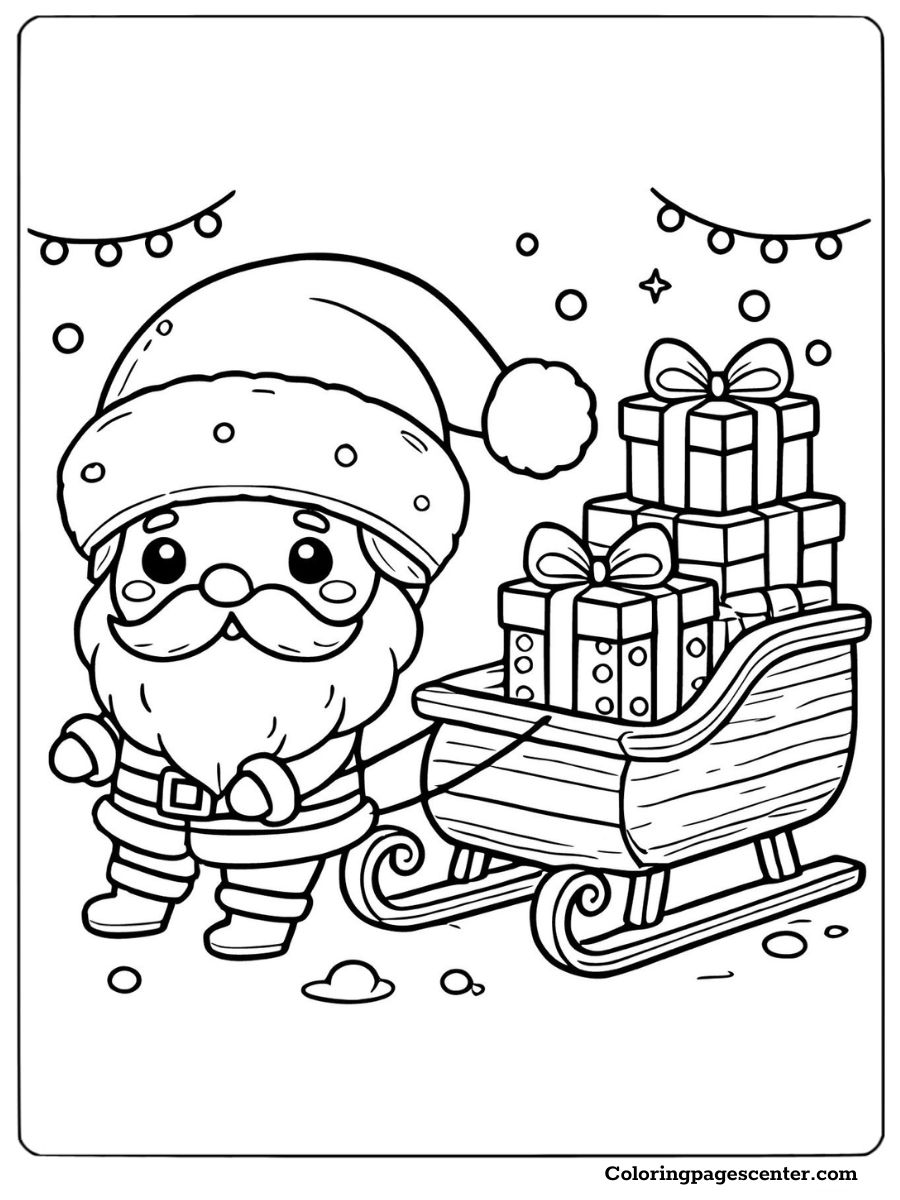 Santa carrying gifts next to sleigh coloring page