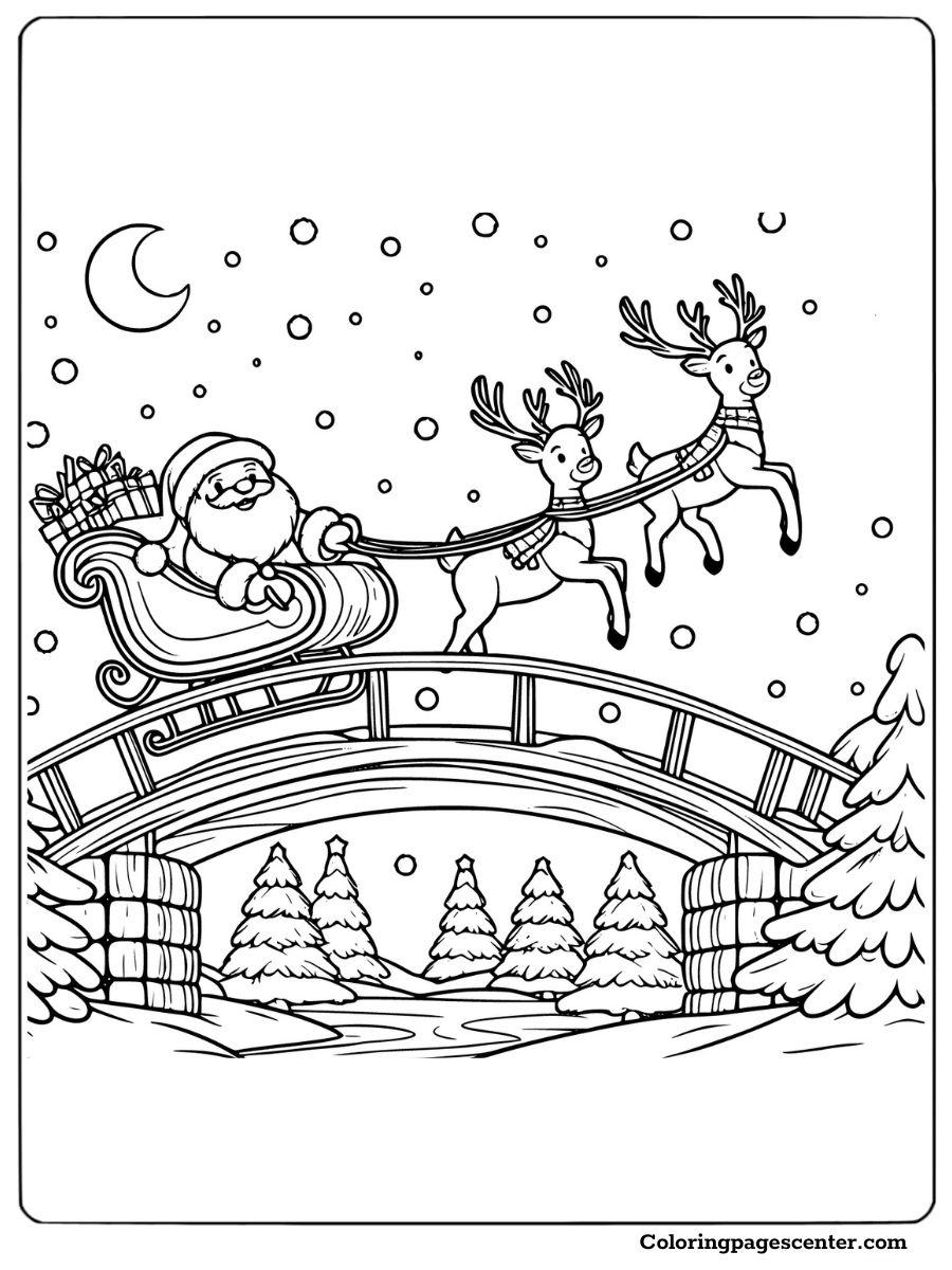 Santa flying sleigh with reindeer in snow coloring page