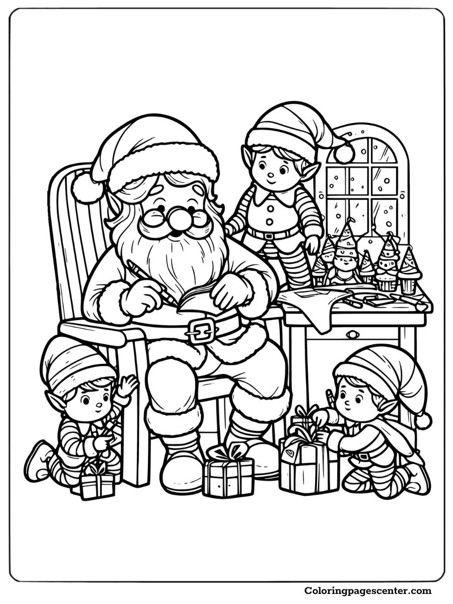 Santa surrounded by elves and presents coloring page