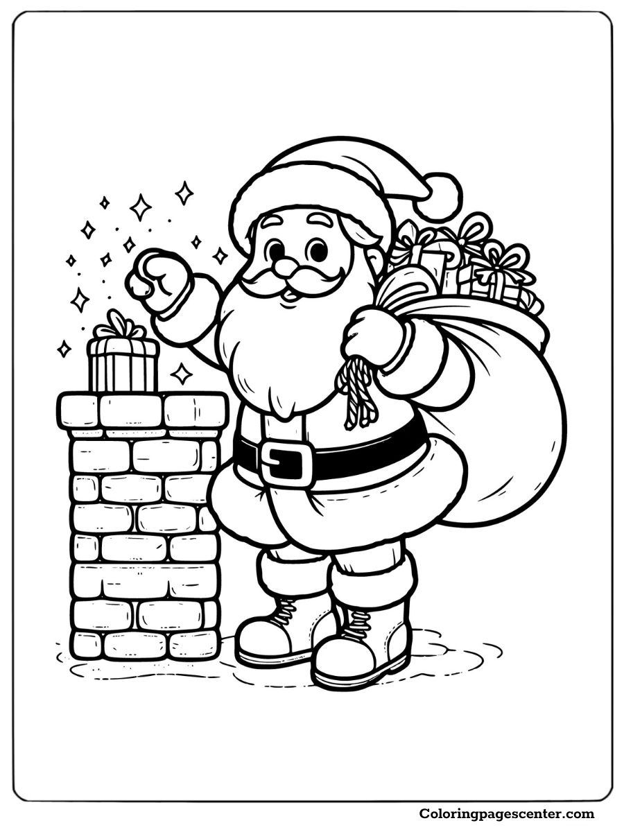 Santa with a sack of gifts by the chimney coloring page