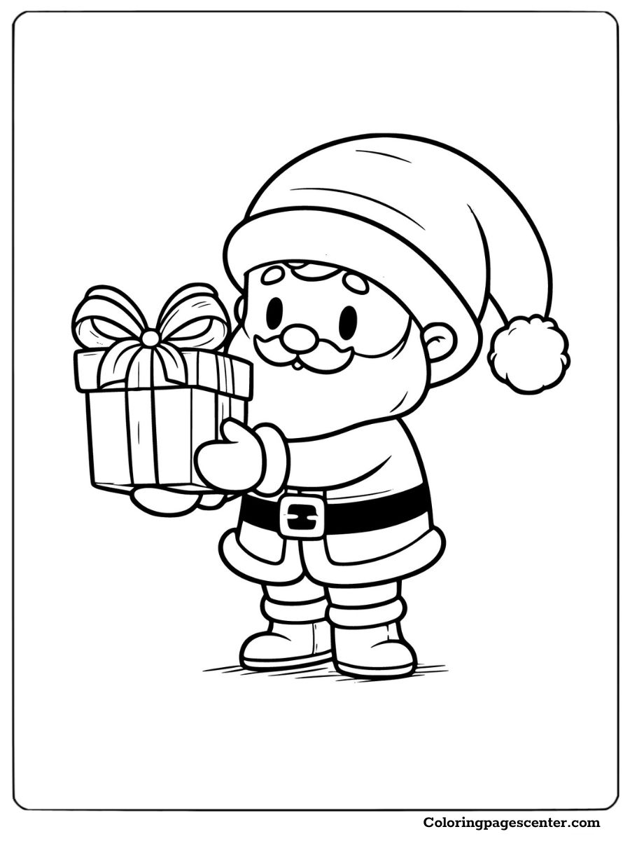 Jolly Santa holding a Christmas gift coloring page for kids