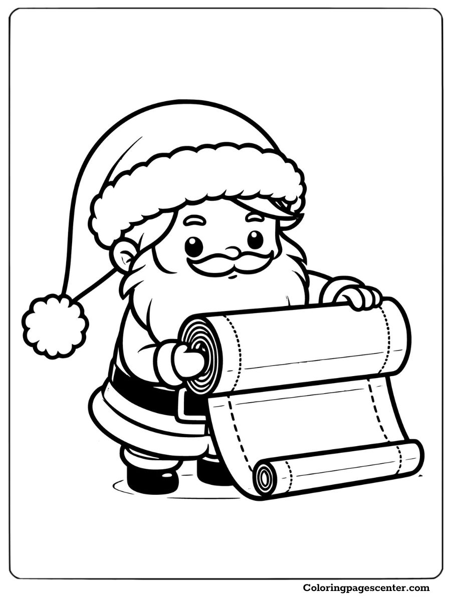 Santa holding a long list in a Christmas coloring page