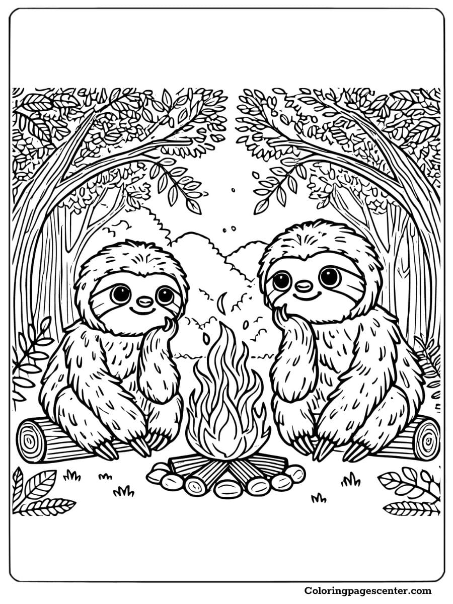 Two sloths enjoying a campfire in the forest coloring page