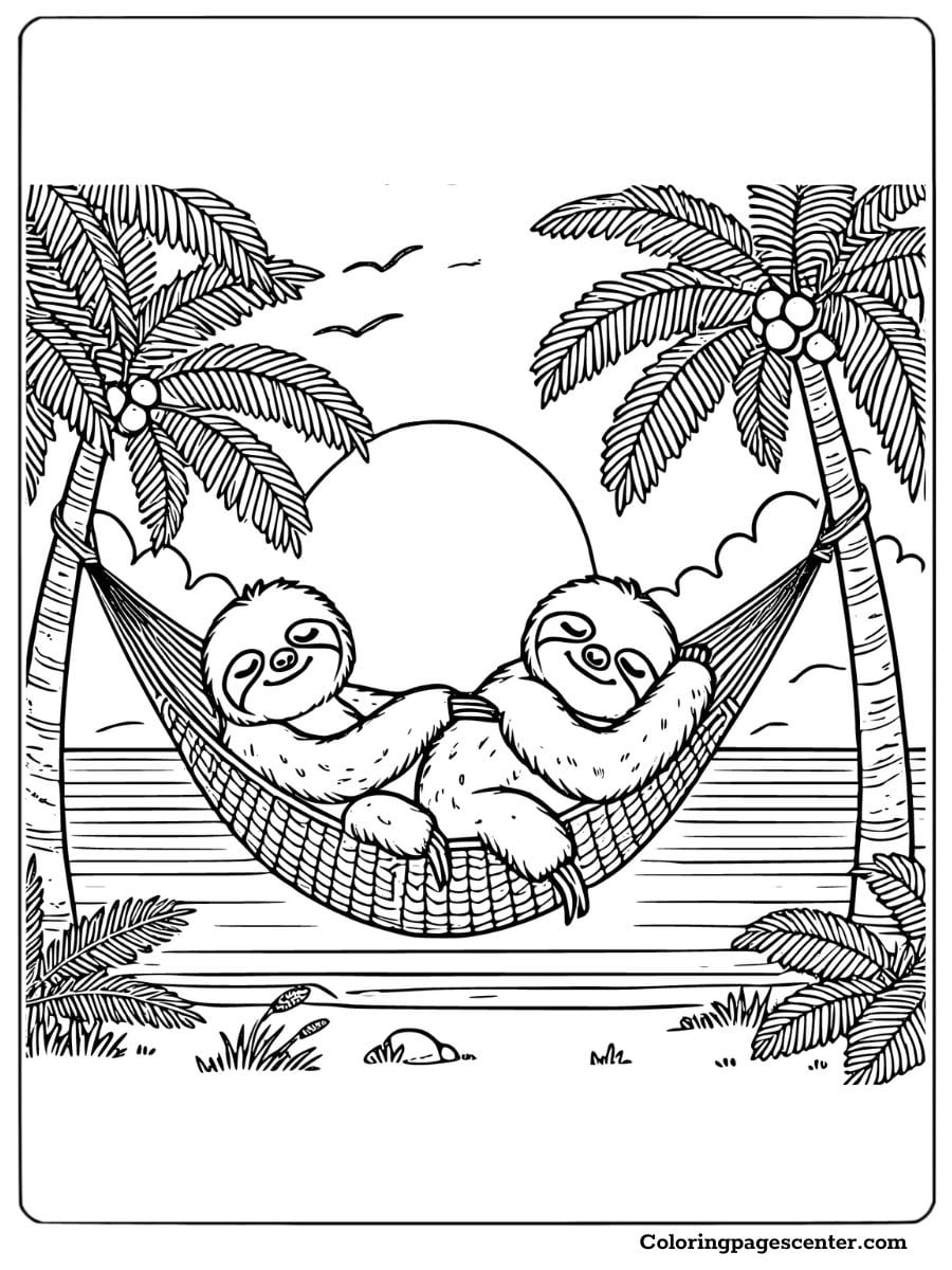 Sloths relaxing in a hammock by the beach coloring page