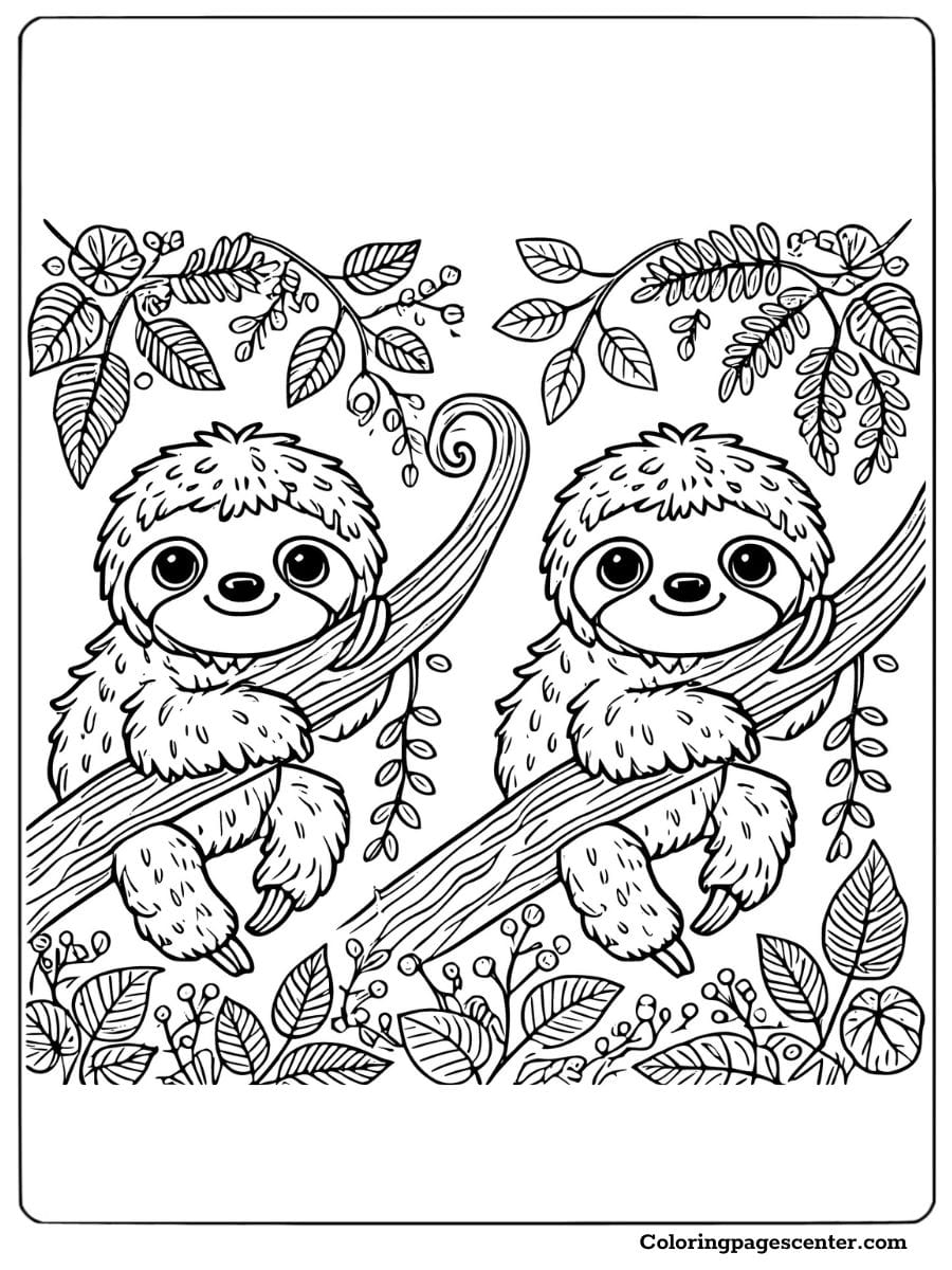 A fun coloring page of two sloths sitting on branches