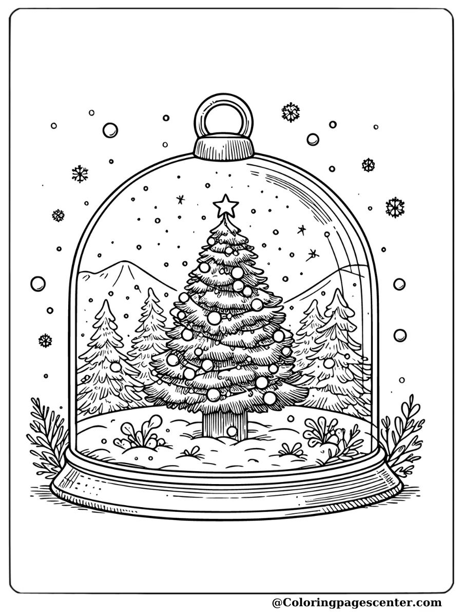 Snow globe with a small Christmas tree inside coloring page