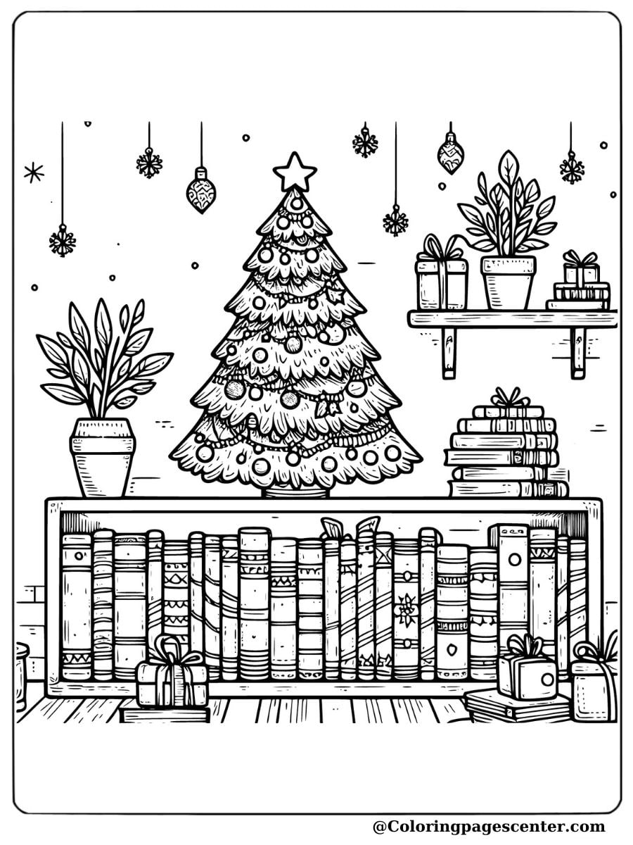 Small Christmas tree with books and gifts coloring page