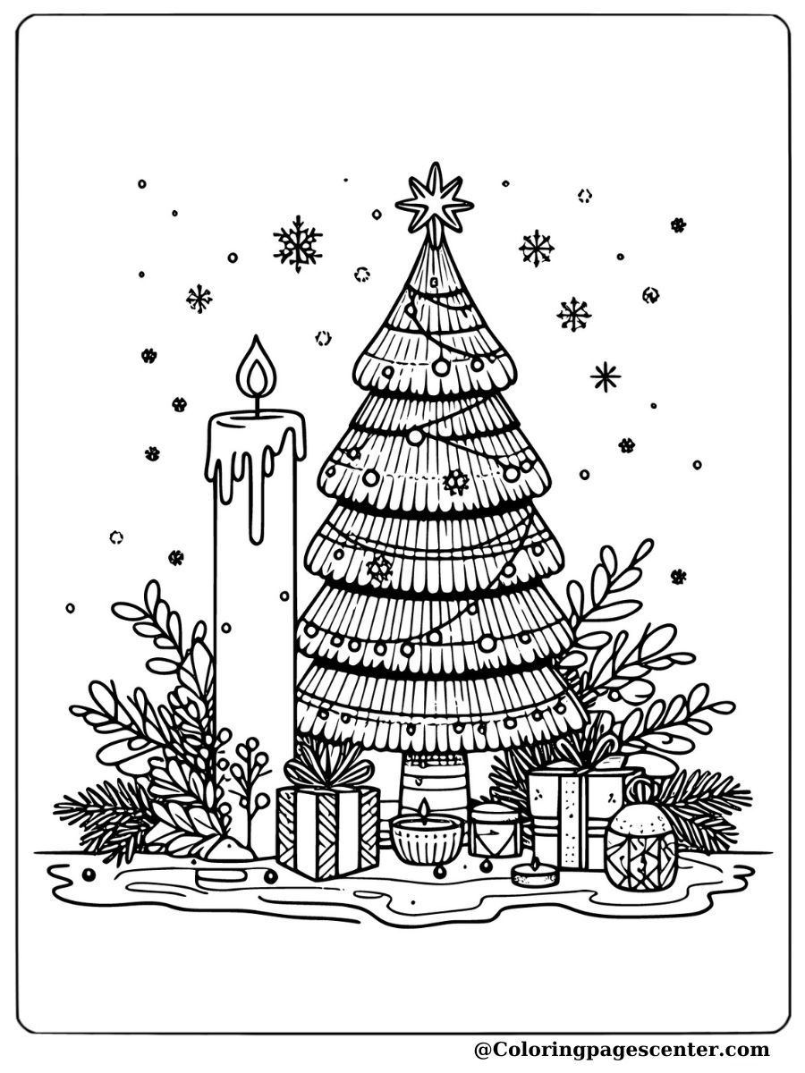 Small Christmas tree coloring page with candle and ornaments