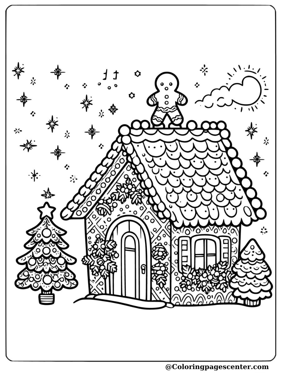 Gingerbread house with a small Christmas tree coloring page