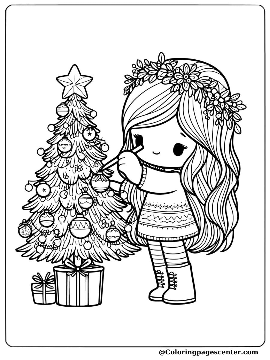 Girl decorating a small Christmas tree with ornaments coloring page