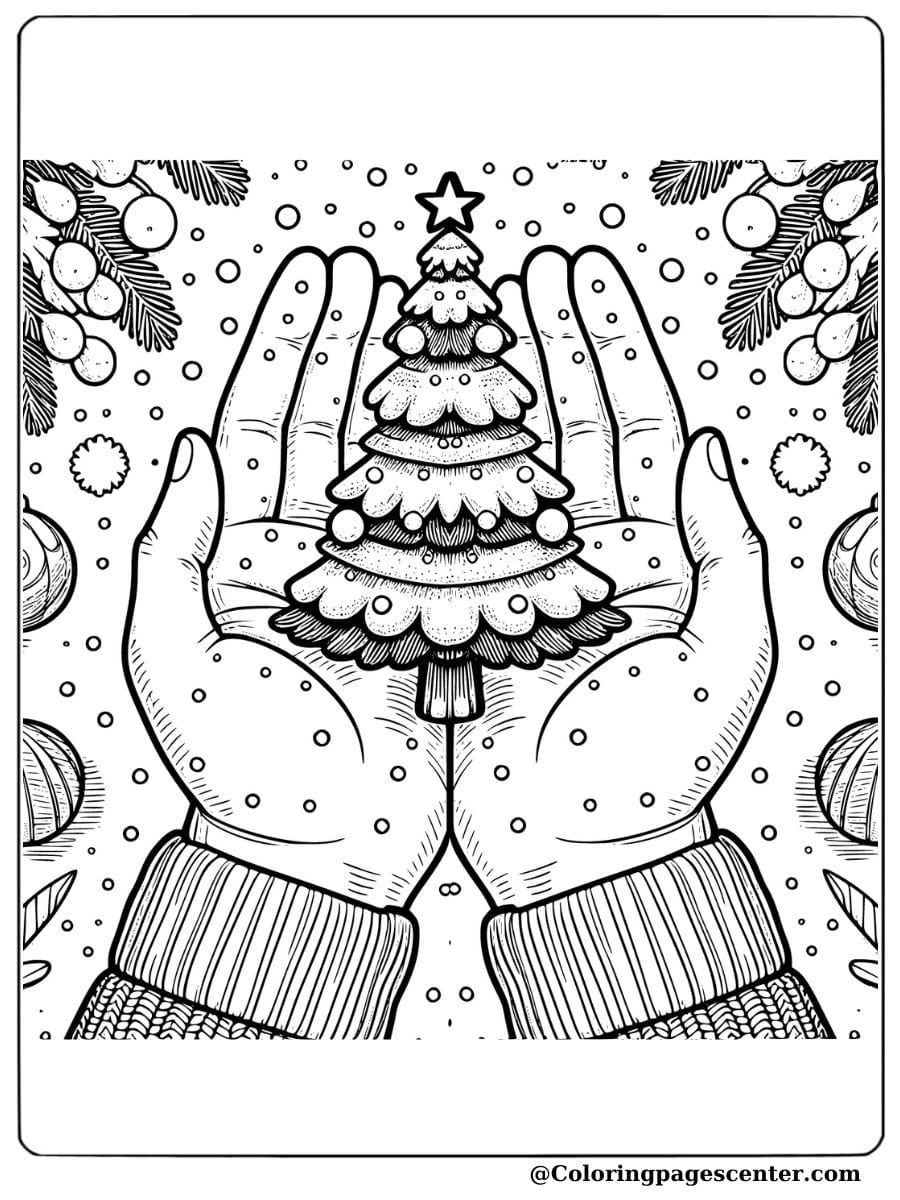 Coloring page showing hands holding a small Christmas tree