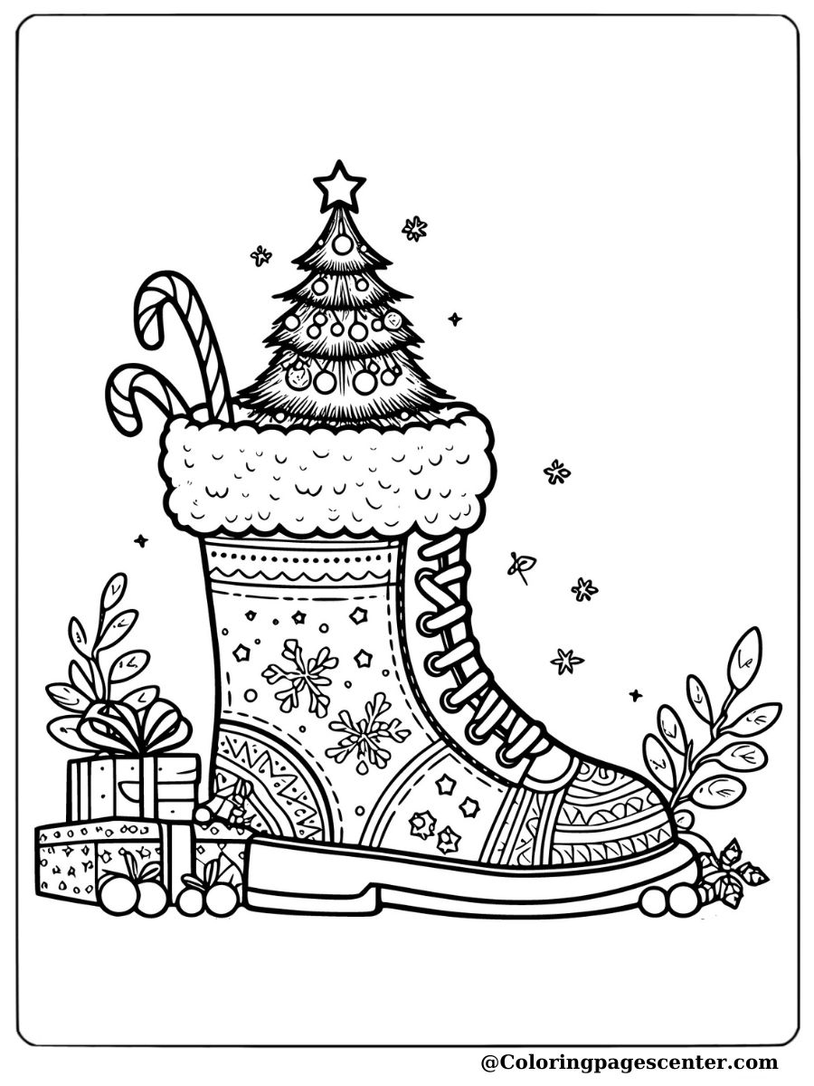 Coloring page of a small Christmas tree inside a festive boot