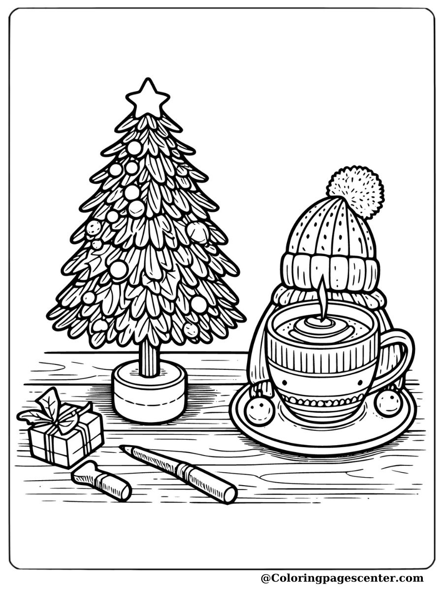 Coloring page of a small Christmas tree with presents