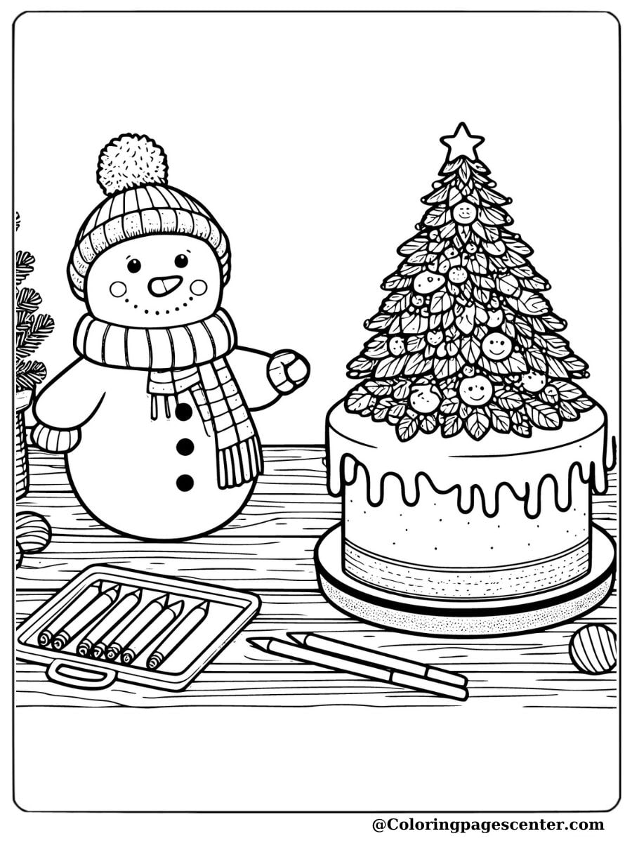 Snowman beside a Christmas tree cake coloring page for kids