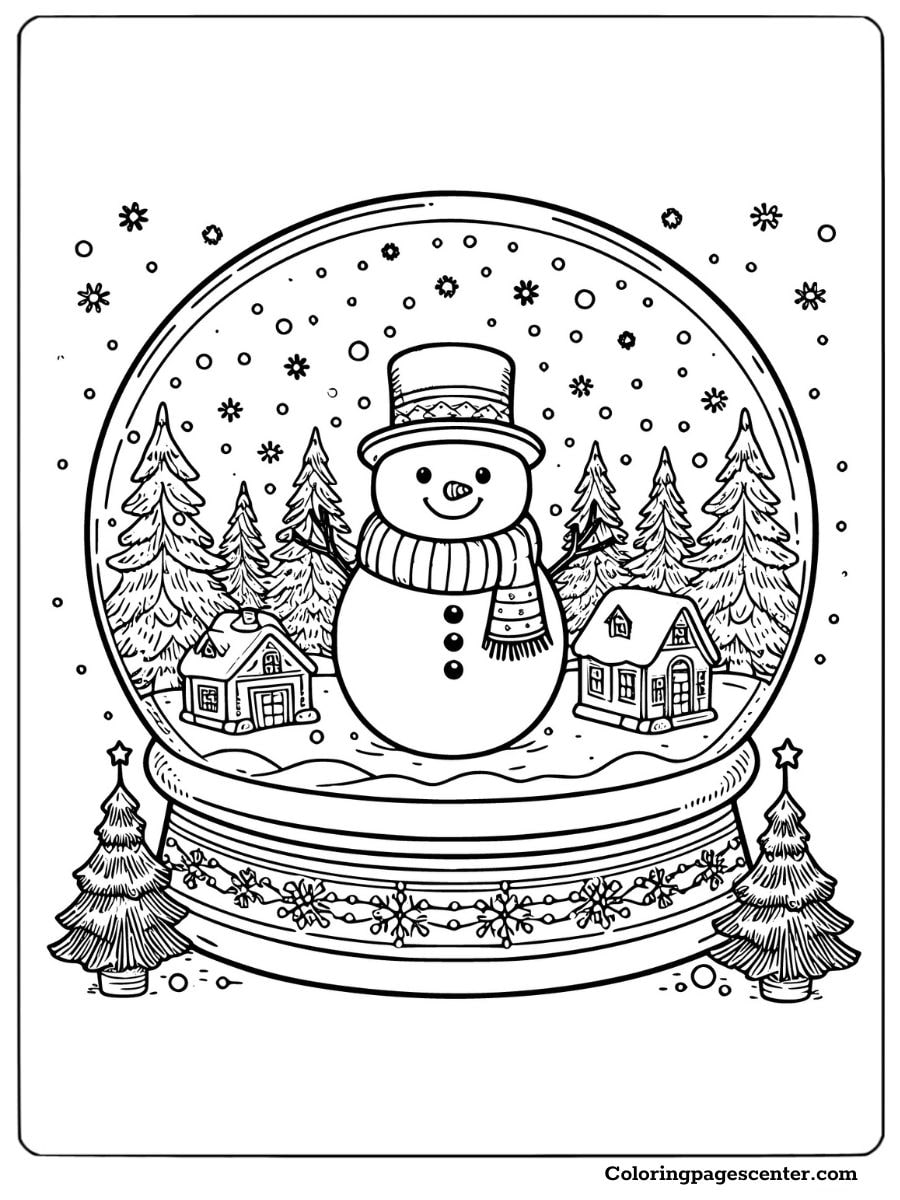 Snow globe with a snowman and trees coloring page