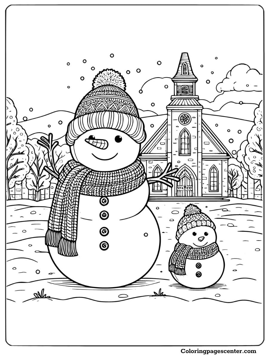 Two snowmen near a church in a winter scene coloring page