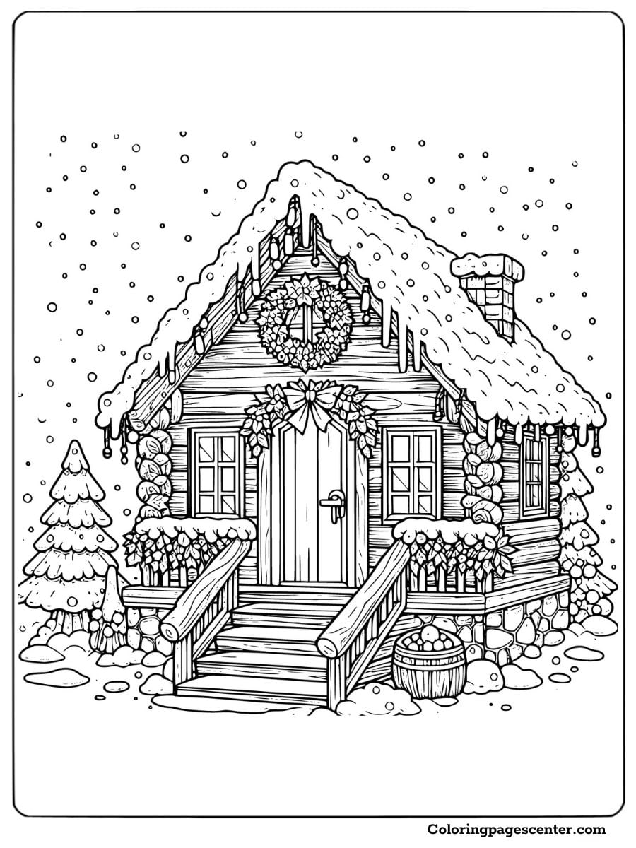 Snow-covered cabin in a Christmas coloring page