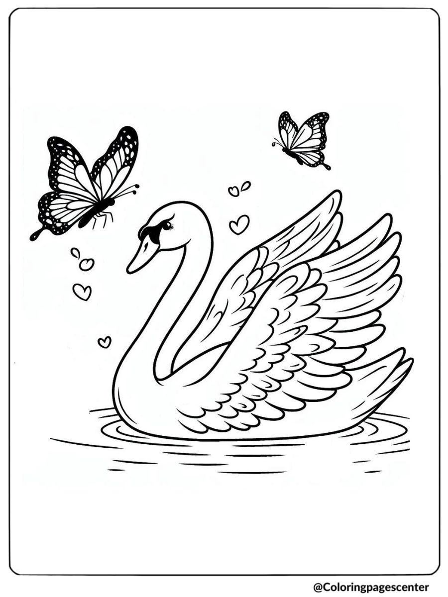 Swan in water with butterflies flying around coloring page