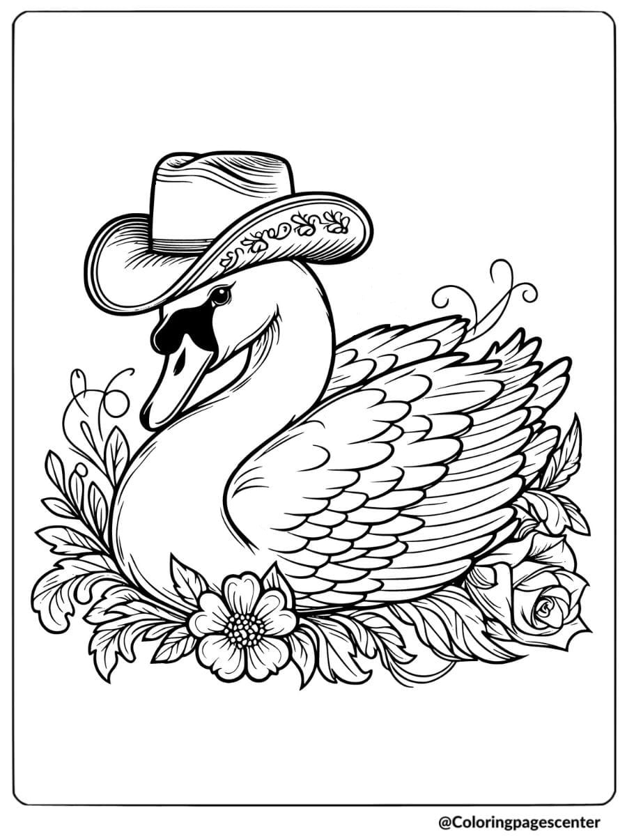 Coloring page of a swan with a cowboy hat surrounded by flowers