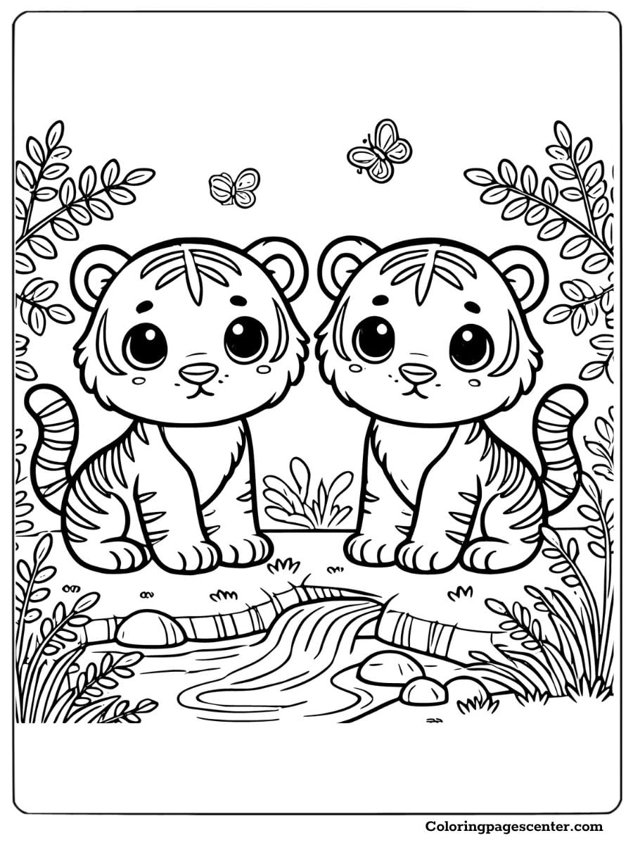 Coloring page of two tigers sitting by a stream