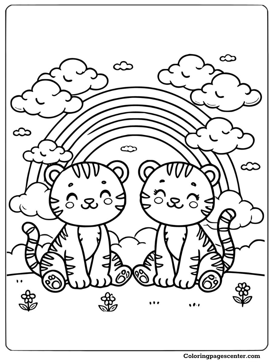 Coloring page featuring tigers and a colorful rainbow