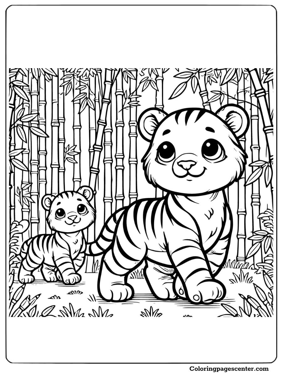 Two tigers walking through a bamboo forest coloring page