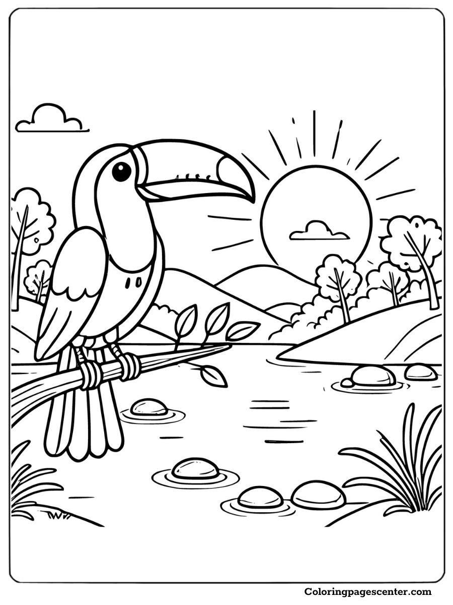 Coloring page of a toucan perched near a lake with the sunrise