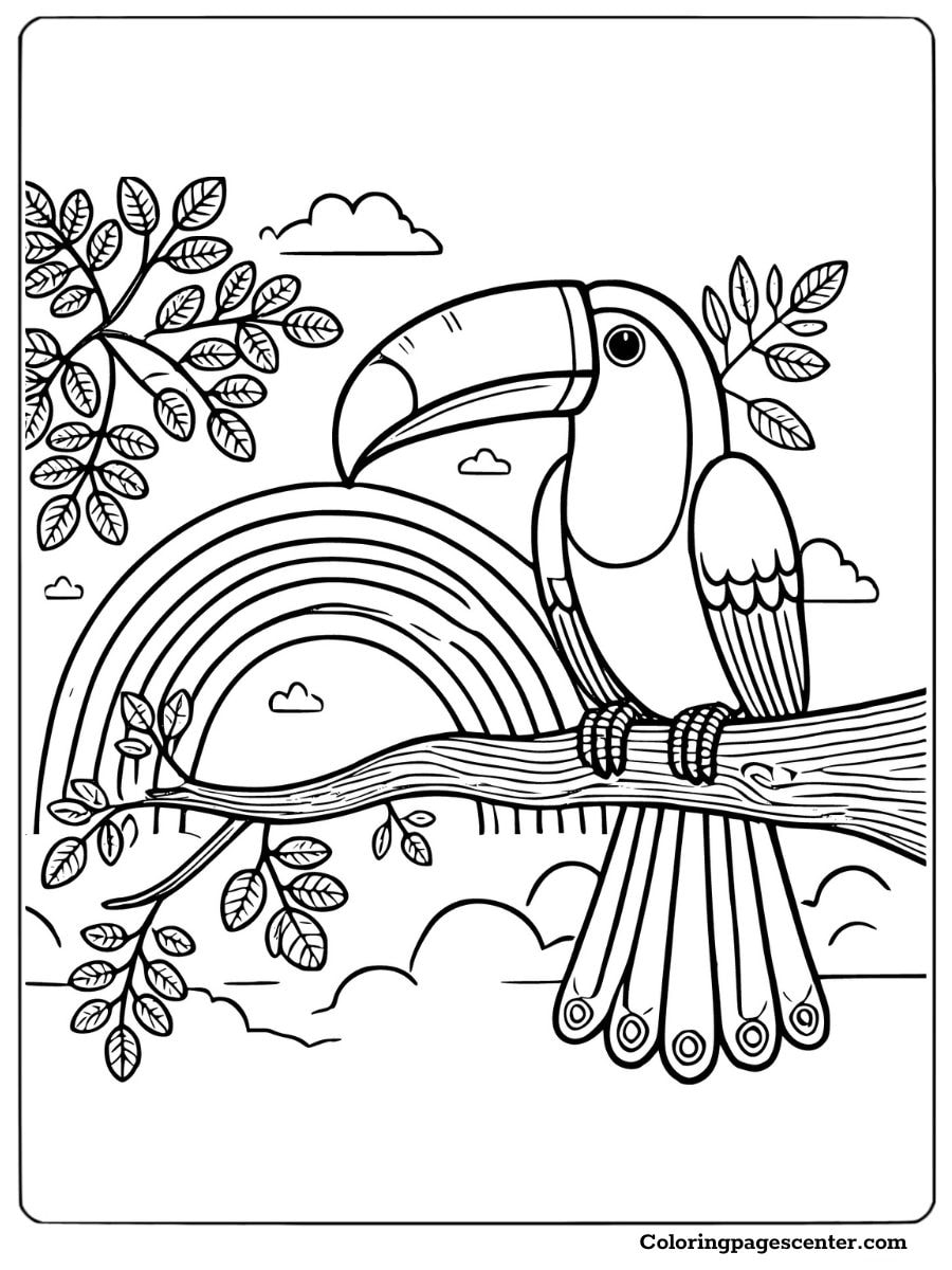 Toucan sitting on a branch with a rainbow behind coloring page