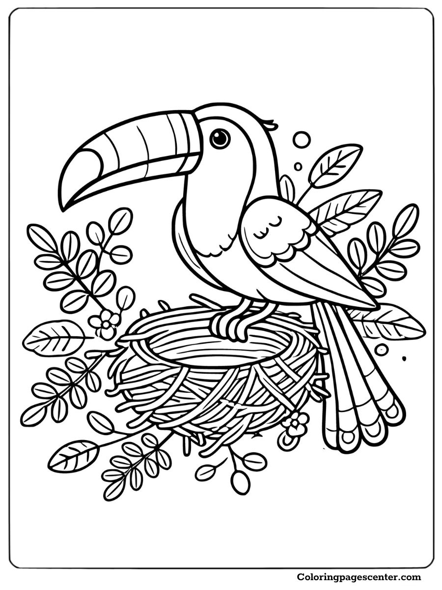 Coloring page of a toucan on a nest surrounded by leaves