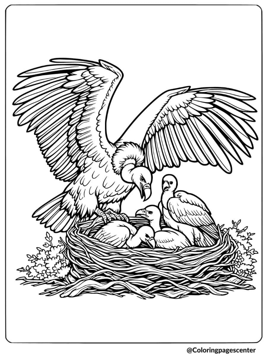 Vulture feeding baby vultures in a nest with intricate details coloring page