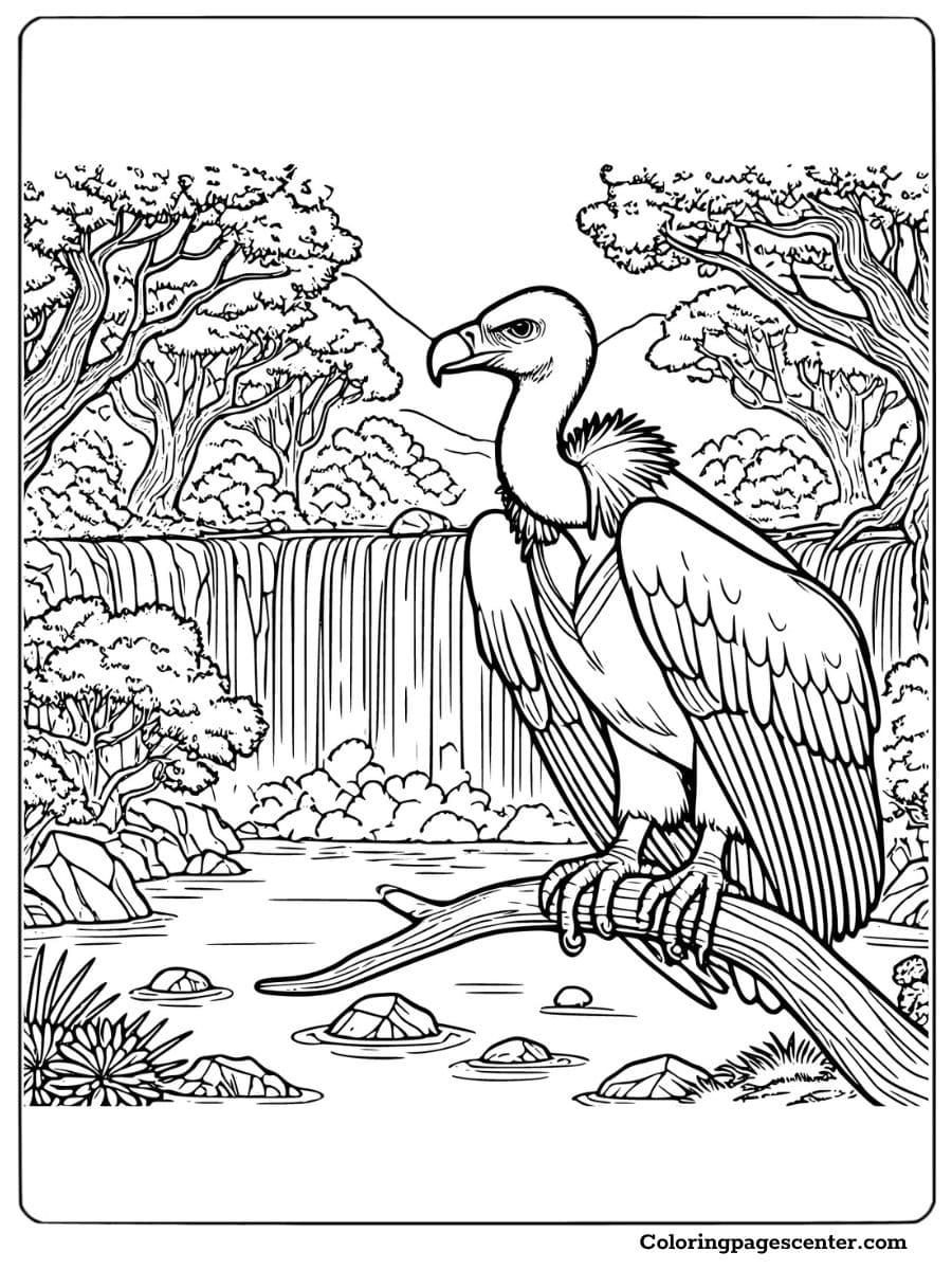 Coloring page of a vulture resting on a branch near a waterfall scene