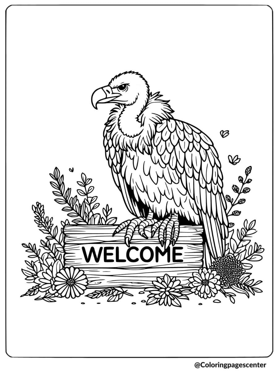 Coloring page of a vulture on a welcome sign with floral details