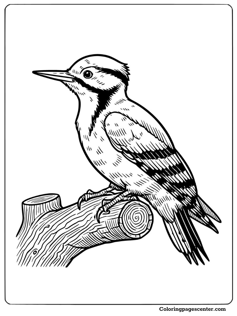 Coloring page of a realistic woodpecker on a wooden stump