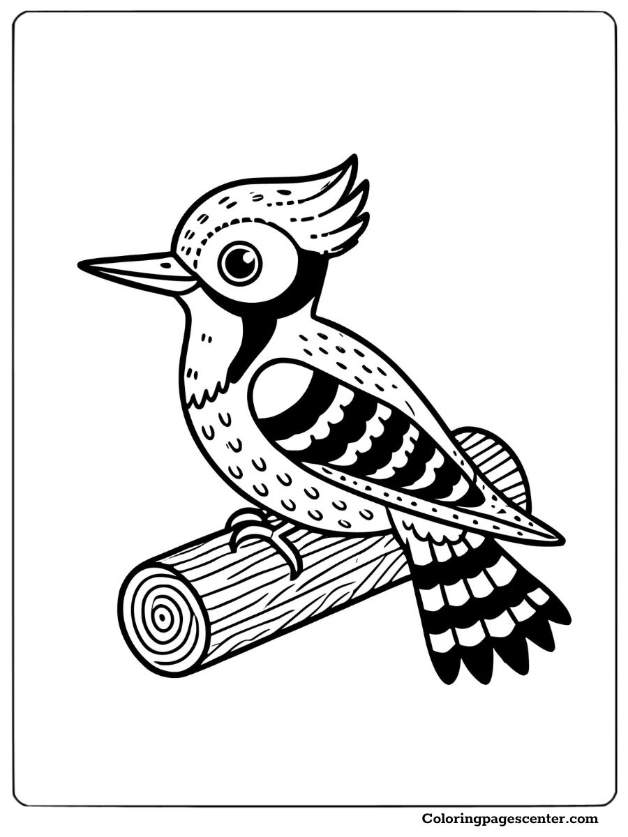 Coloring page of a woodpecker sitting on a log with detailed patterns