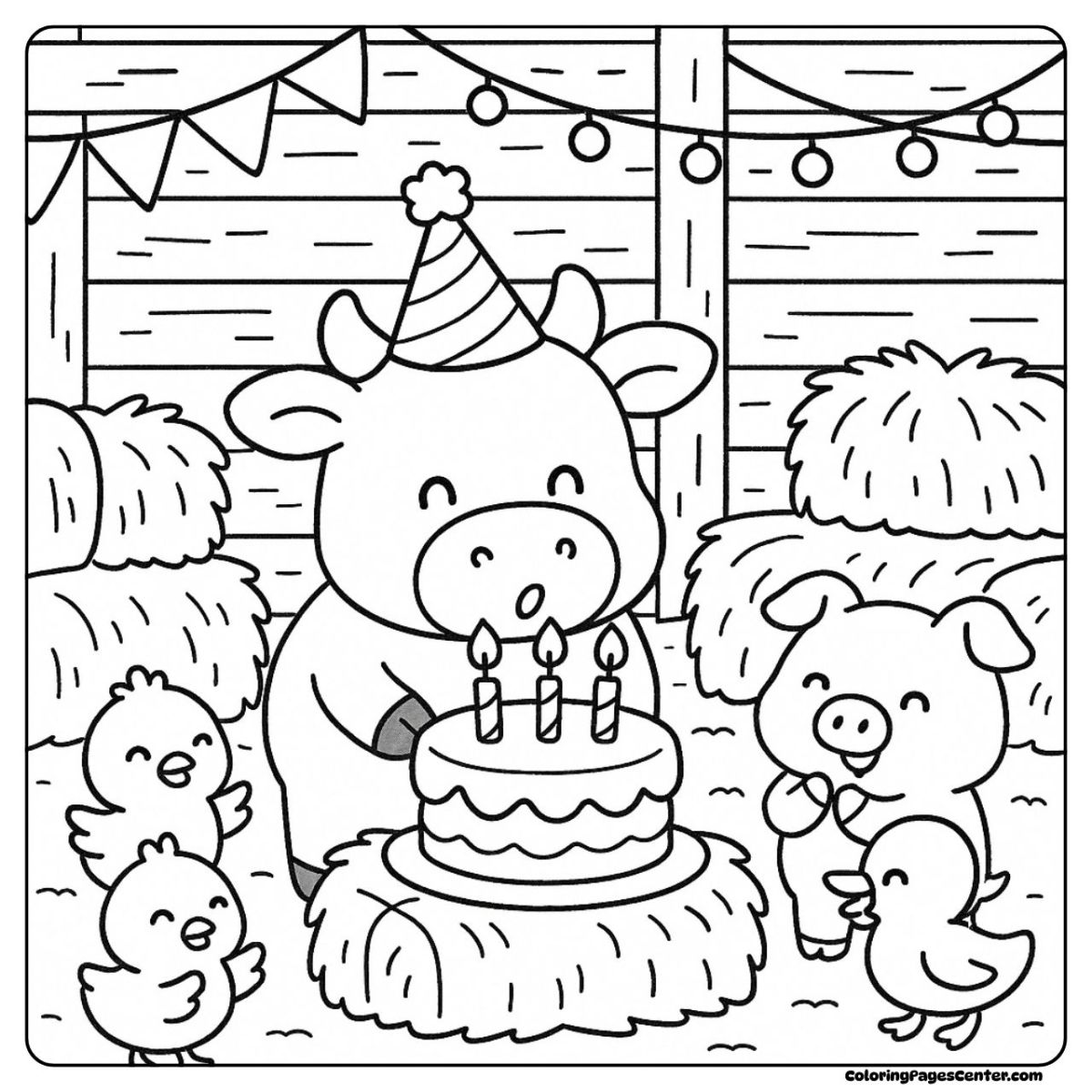 Birthday cow coloring page with a piglet, chicks, and a big cake in the barn
