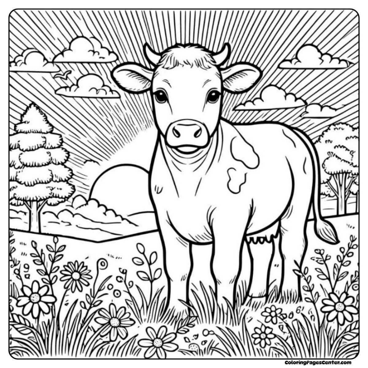 Holstein cow coloring page as sunlight fills the meadow with open flowers all around